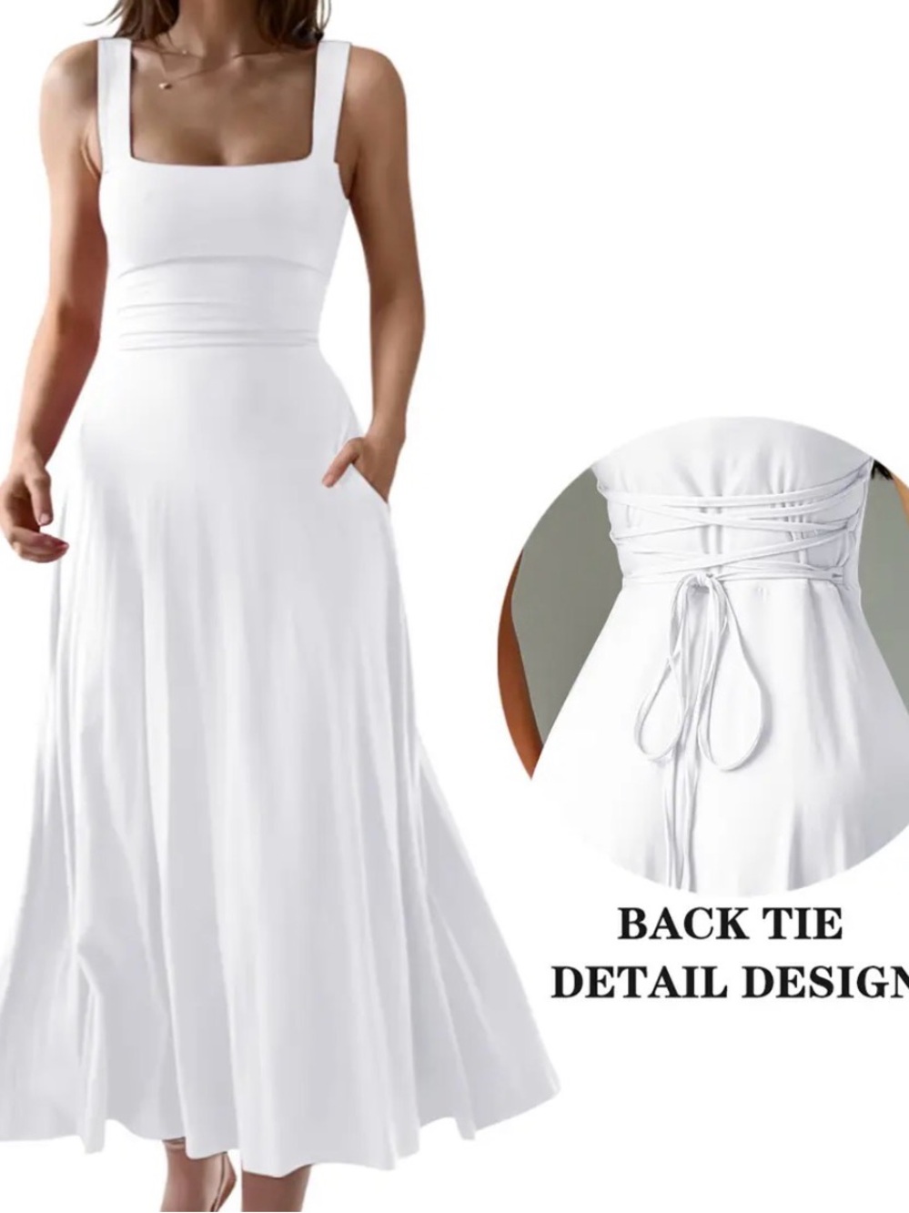 OYS White Square Neck Tie-Back Maxi Dress